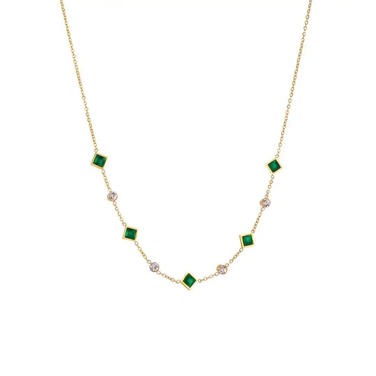 Gold Emerald Geometric Station Necklace
