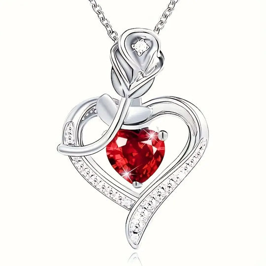 Silver Ruby Heart Pendant Necklace