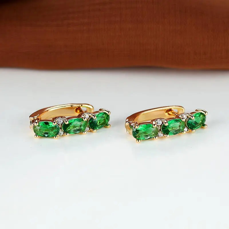 Gold Emerald Vertical Hoop Earrings