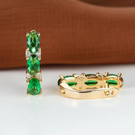 Gold Emerald Vertical Hoop Earrings