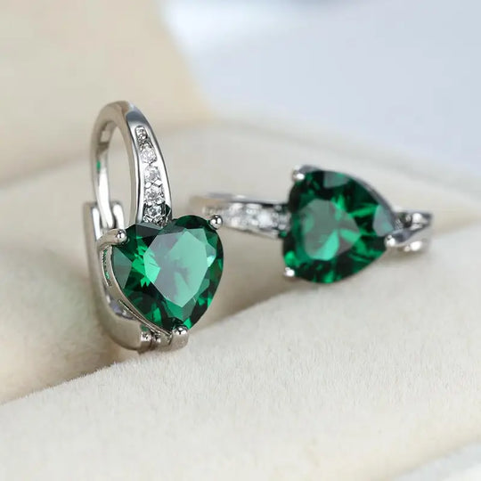 Silver Emerald Heart Hoop Earrings
