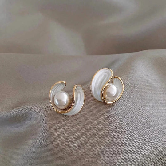 Gold Swirl Pearl Stud Earrings