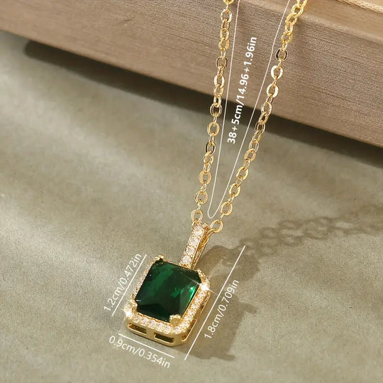 Gold Emerald Rectangular Halo Necklace