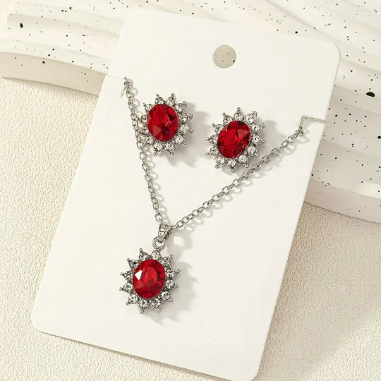 Silver Ruby Floral Jewelry Set