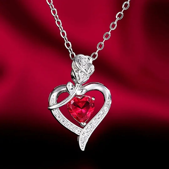 Silver Ruby Heart Pendant Necklace
