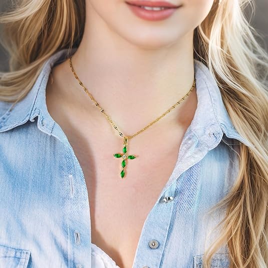 Gold Emerald Marquise Cross Necklace
