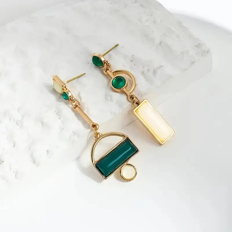 Gold Emerald Geometric Drop Earrings