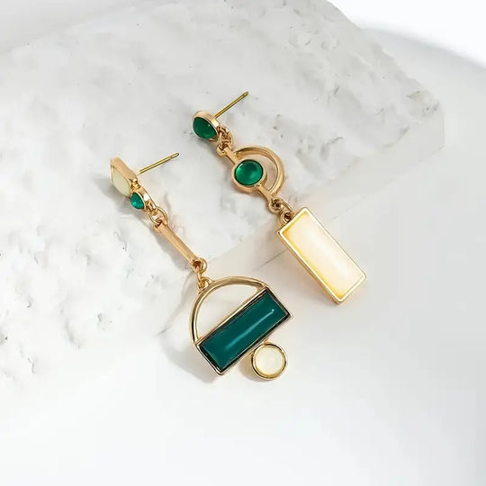 Gold Emerald Geometric Drop Earrings