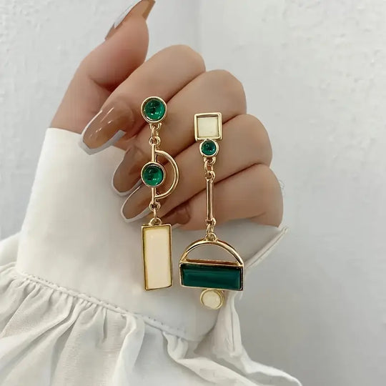 Gold Emerald Geometric Drop Earrings