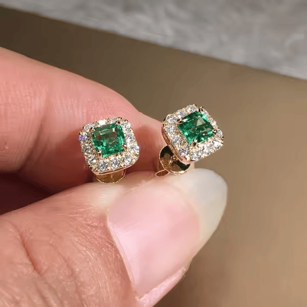 Gold Emerald Square Halo Stud Earrings