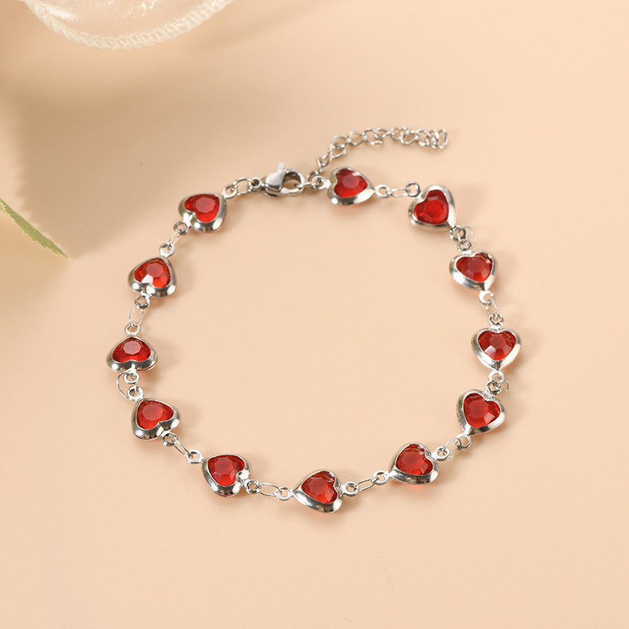 Silver Ruby Heart Chain Bracelet