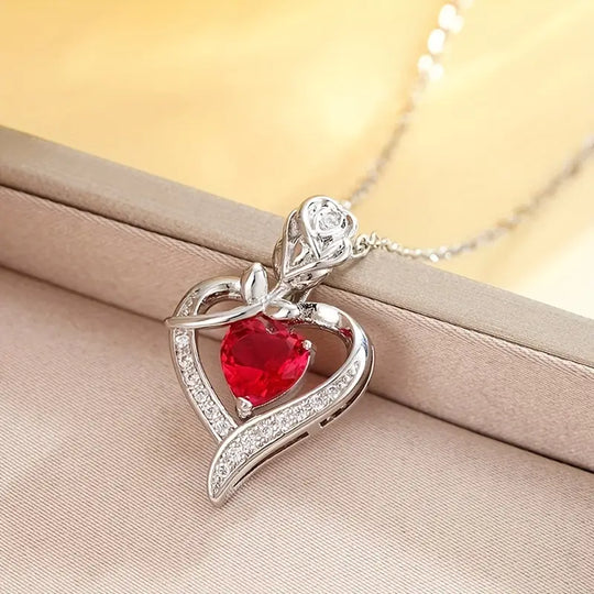 Silver Ruby Heart Pendant Necklace