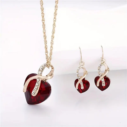 Gold Ruby Twisted Heart Jewelry Set