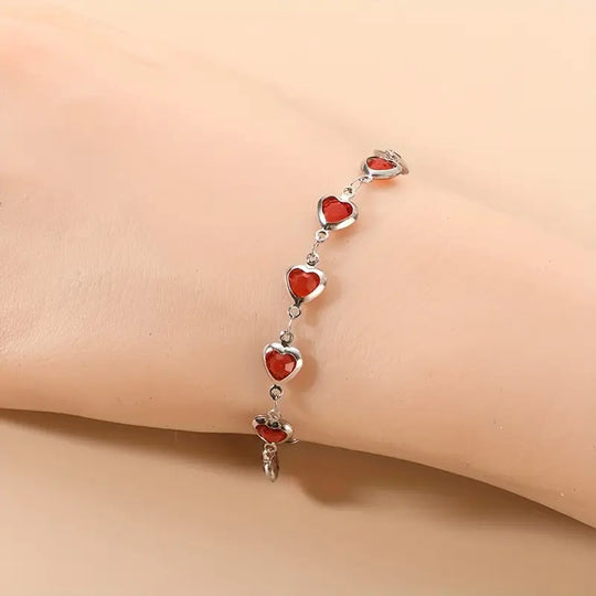 Silver Ruby Heart Chain Bracelet