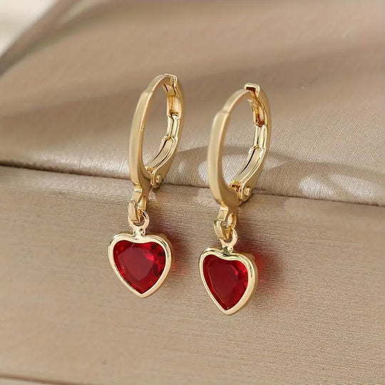 Gold Ruby Heart Drop Earrings