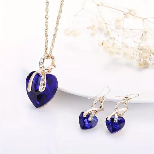 Gold Sapphire Heart Necklace and Earrings Set