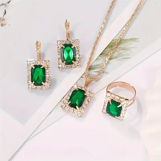 Gold Emerald Rectangular Jewelry Set