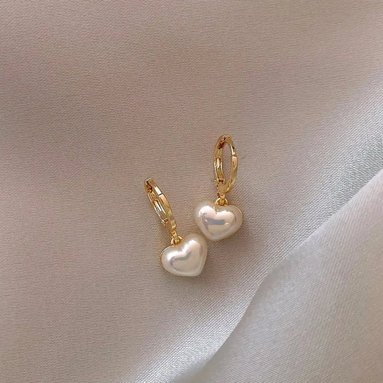 Gold Heart Pearl Drop Earrings