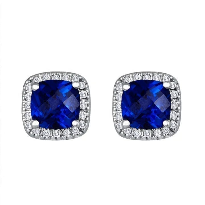 Silver Sapphire Halo Stud Earrings