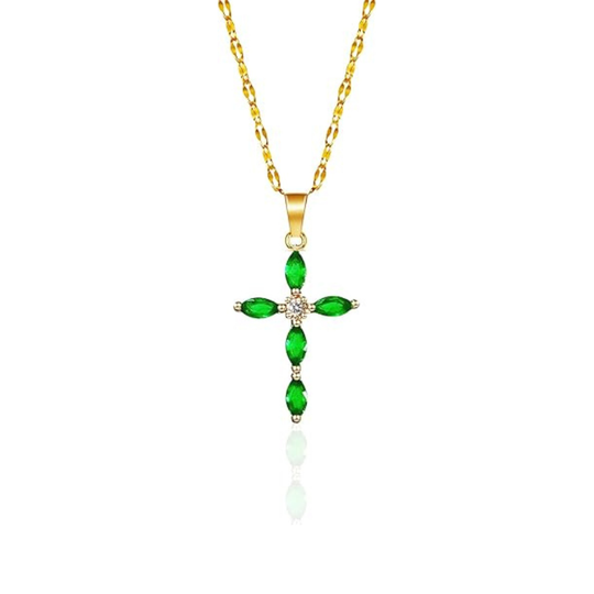 Gold Emerald Marquise Cross Necklace